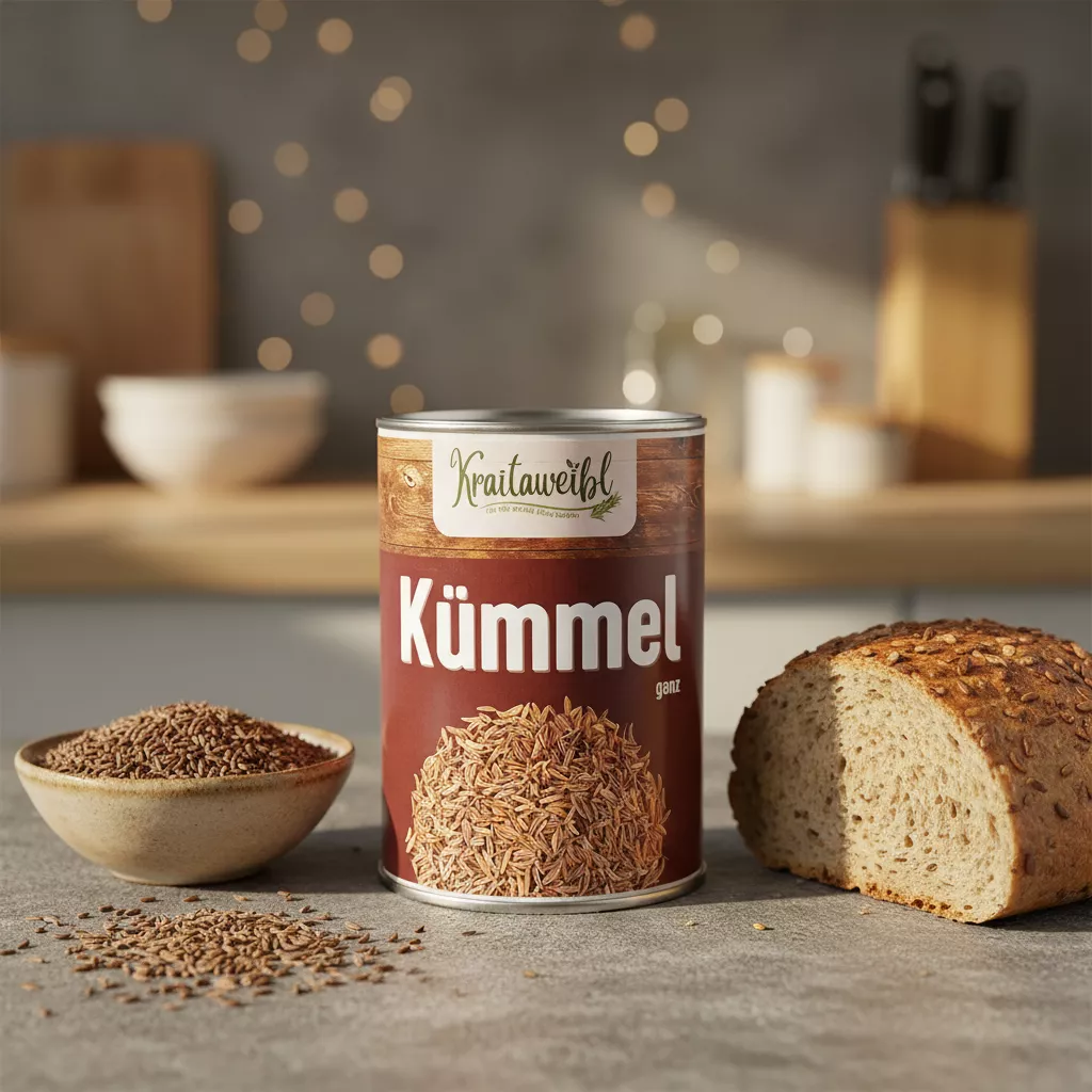 Kümmel ganz in Streudose, daneben ein Brot Kümmel ganz in Streudose, daneben ein Brot